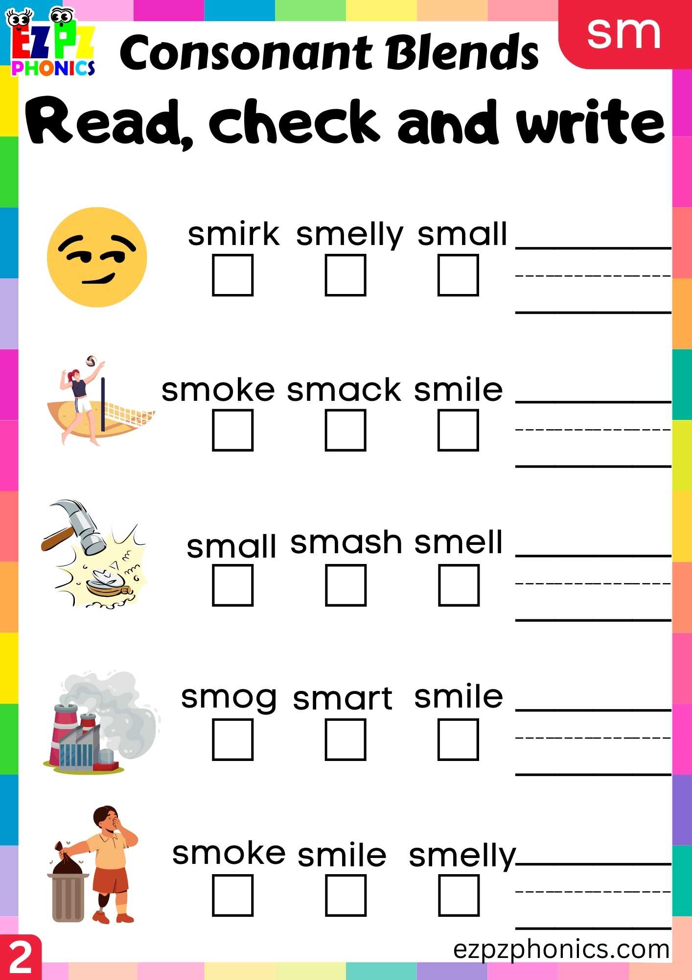 Group2 SM Words Read, Check And Write Phonics Consonant Blends Worksheet